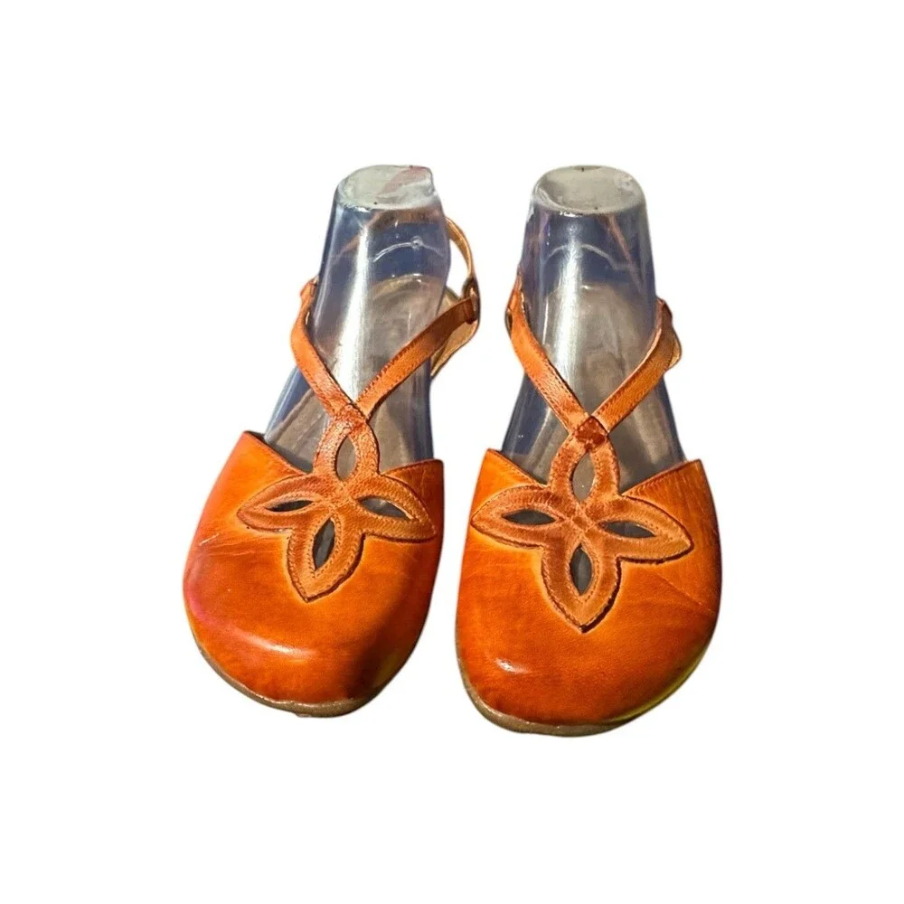JAFA Sandals EU 40 US 9.5 Mary Jane Cut Out Floral Orange Leather Boho Boheim
